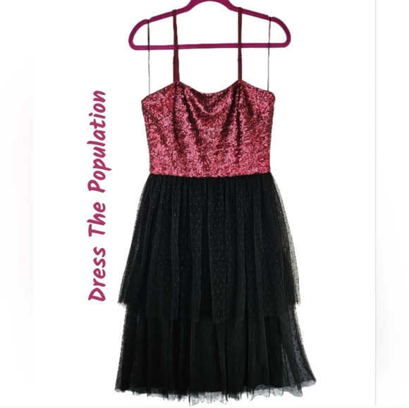 Dress The Population Women's Kady Dress Sz XS Merlot Sequins Tiered Tulle - Picture 1 of 13